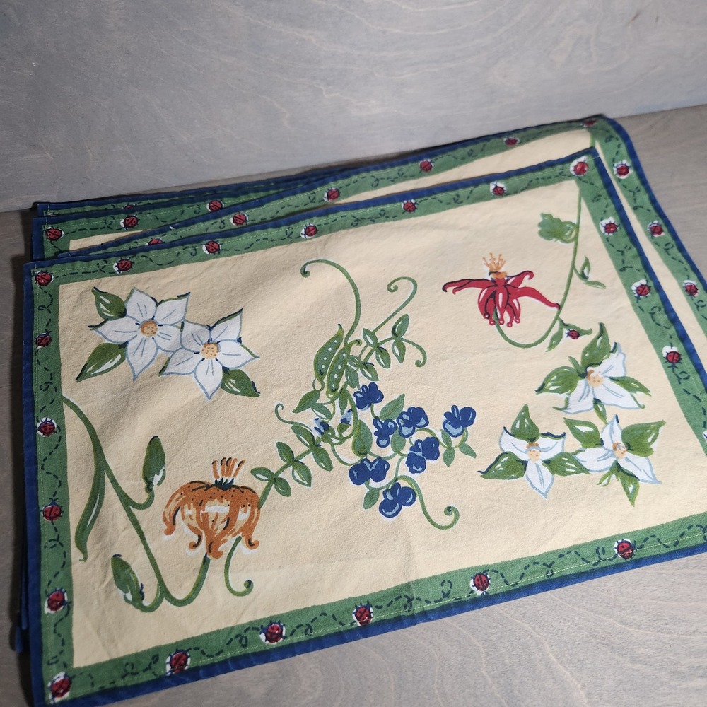 Y2k Dazca Set of 5 Cotton‎ Placemats Floral Ladybug Blue Green Yellow Kitchen